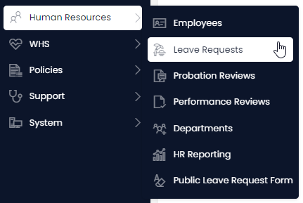 A screenshot of the Sidebar and the options the user has pressed to access the Leave Requests page. The user has clicked the &quot;Human Resources&quot; folder, which has an icon of two people. Then the &quot;Leave Requests&quot; menu item, which has an icon of a topical palm and a sunset. The options that the user has pressed has a white background with blue text, whereas the menu options that have not been selected are the inverse.